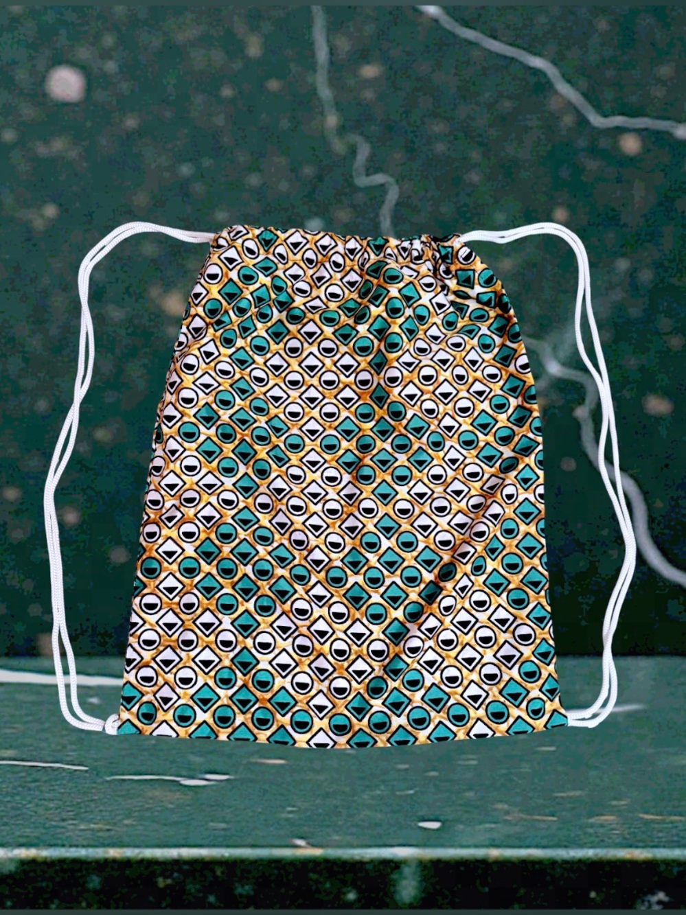 Geometric Print Drawstring Backpack Green & Gold African Ankara Style Cinch Sack